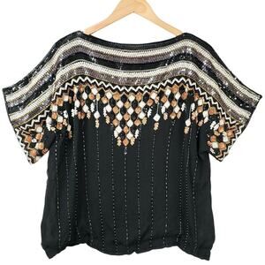 Judith Ann 80s Sequin Bead Top M Black Silver Gold Metallic Occasion Cocktail